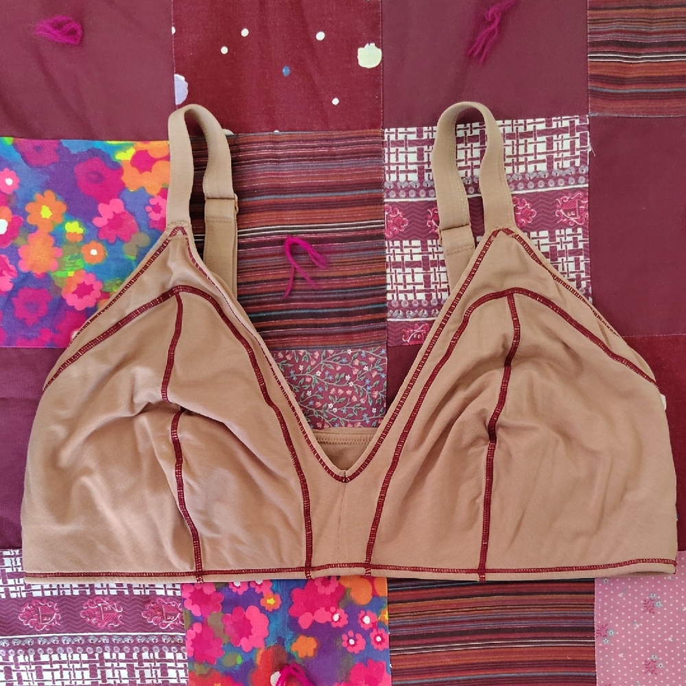 Neutral Tan Soft Wireless Bra with Burgundy Stitching